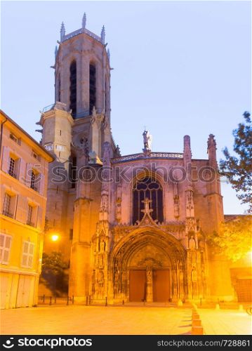 Aix Cathedral or Cathedral of the Holy Saviour of Aix-en-Provence in the morning, Provence, southern France. Aix Cathedral in Aix-en-Provence, France