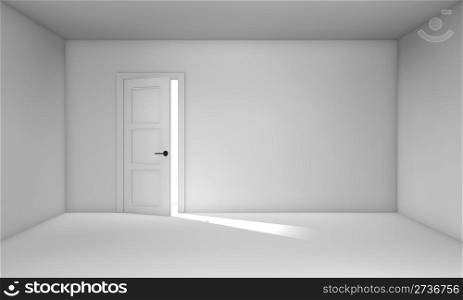 Ajar door in empty white room. Three-dimensional objects.