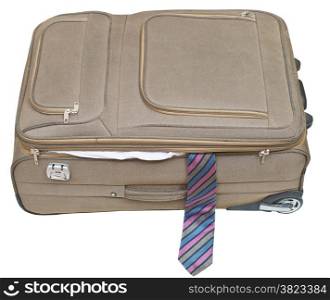 ajar textile suitcase with male tie isolated on white background