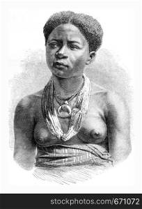 Akera, girl from Gabon, vintage engraved illustration. Le Tour du Monde, Travel Journal, (1865).