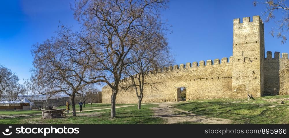 Akkerman, Ukraine - 03.23.2019. Panoramic view of the Fortress walls and towers from the inside of the Akkerman Citadel, a historical and architectural monument. Fortress Walls of the Akkerman Citadel in Ukraine