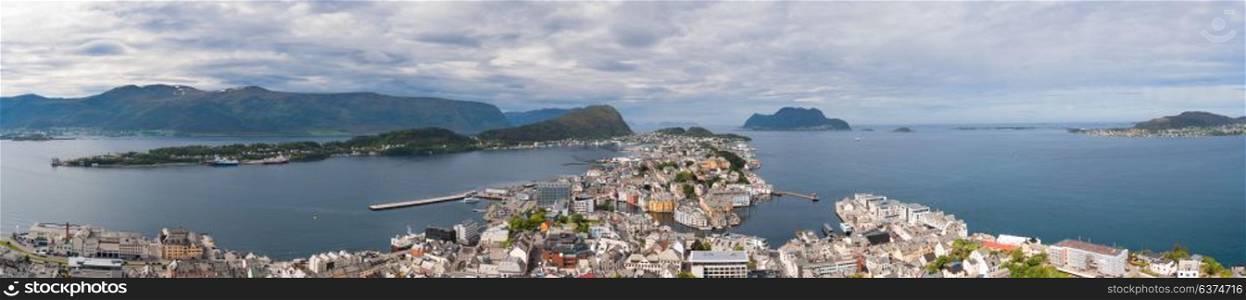 Aksla at the city of Alesund , Norway Aerial footage. It is a sea port, and is noted for its concentration of Art Nouveau architecture.