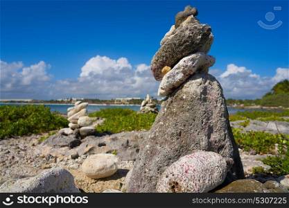 Akumal bay Cairn stone stacked in Riviera Maya of Mayan Mexico