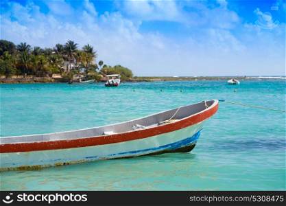 Akumal bay Caribbean beach boats in Riviera Maya of Mayan Mexico