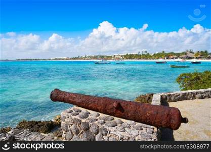 Akumal beach rusted iron canon in Riviera Maya of Mayan Mexico