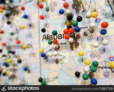 alabama state city pins on a map