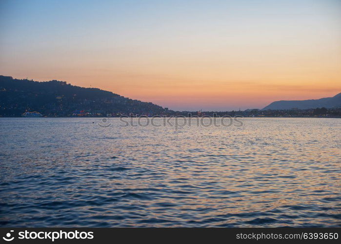 Alanya in the evening. Alanya city, view from the beach, one of the famous destinations in Turkey