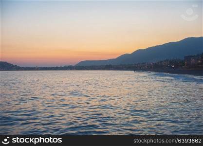 Alanya in the evening. Alanya city, view from the beach, one of the famous destinations in Turkey