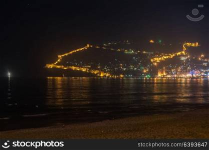 Alanya in the night. Alanya city, view from the beach, one of the famous destinations in Turkey
