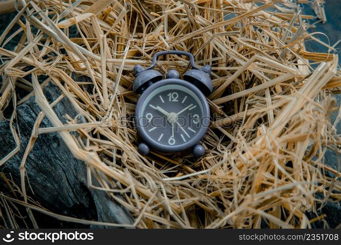 Alarm clock on straw background. Hope and Value of time concept, Selective focus.