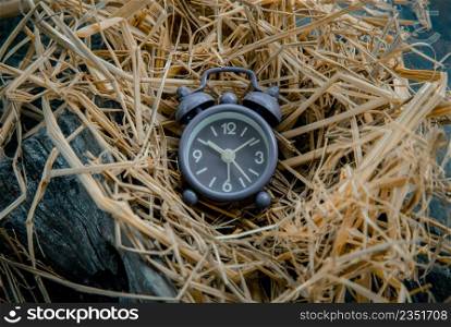 Alarm clock on straw background. Hope and Value of time concept, Selective focus.