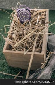 Alarm clock on straw background in wooden box. Gift concept of beginning for new day, Selective focus.