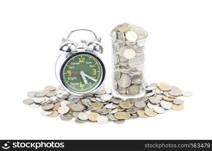 Alarm clock standing with coins isolated on white background