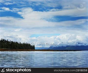 Alaska Landscape With A Blue Sky And Seagulls