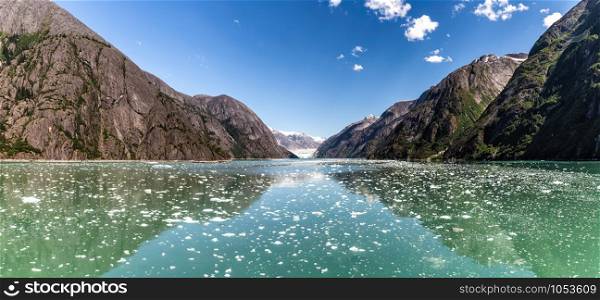 Alaska's Majestic Tracy Arm Fjord with ice floating in the water and mountains casting gorgeous reflection in it.