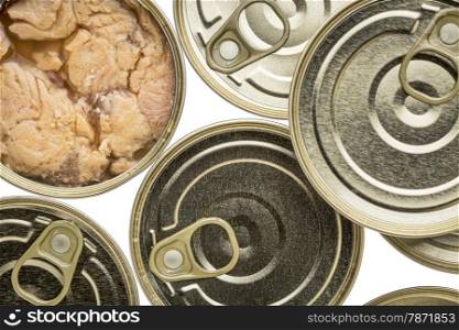 Alaskan canned salmon - top view of cans with one opened