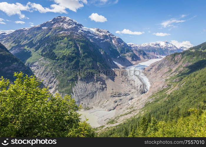 Alaskian mountain scene with salmon glacier and lagoon, Hyder, USA