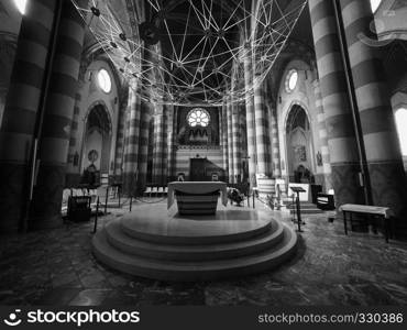 ALBA, ITALY - CIRCA FEBRUARY 2019: Duomo di San Lorenzo (St Lawrence cathedral) in black and white. San Lorenzo Cathedral in Alba in black and white