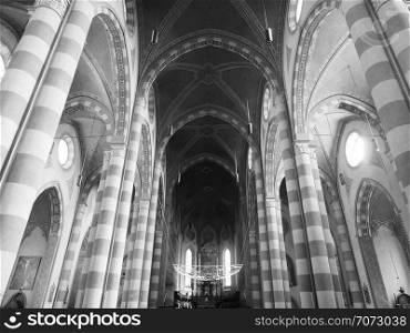 ALBA, ITALY - CIRCA FEBRUARY 2019: Duomo di San Lorenzo (St Lawrence cathedral) in black and white. San Lorenzo Cathedral in Alba in black and white