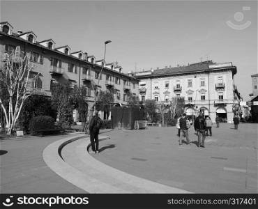 ALBA, ITALY - CIRCA FEBRUARY 2019: Piazza Michele Ferrero (previously known as Piazza Savona) square in black and white. Piazza Michele Ferrero square in Alba in black and white
