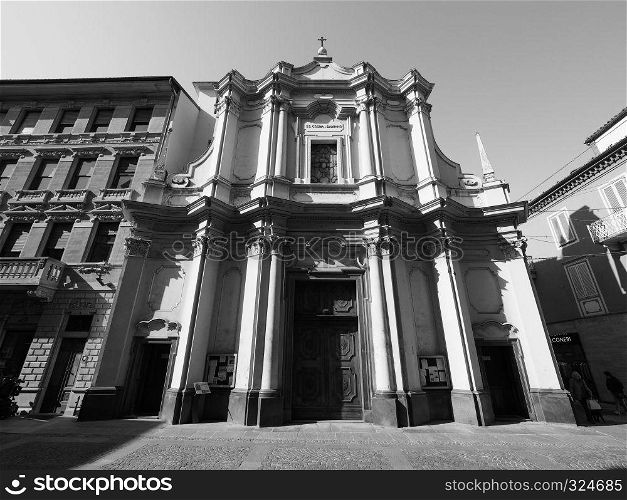 ALBA, ITALY - CIRCA FEBRUARY 2019: Saints Cosma e Damiano church in black and white. SS Cosma e Damiano church in Alba in black and white