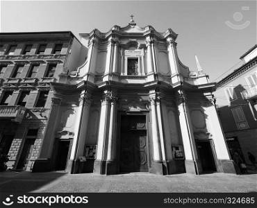 ALBA, ITALY - CIRCA FEBRUARY 2019: Saints Cosma e Damiano church in black and white. SS Cosma e Damiano church in Alba in black and white