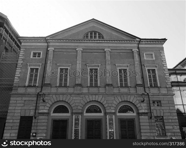 ALBA, ITALY - CIRCA FEBRUARY 2019: Teatro Sociale (meaning Social Theatre) Giorgio Busca in black and white. Teatro Sociale (Social Theatre) in Alba in black and white
