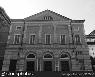 ALBA, ITALY - CIRCA FEBRUARY 2019: Teatro Sociale (meaning Social Theatre) Giorgio Busca in black and white. Teatro Sociale (Social Theatre) in Alba in black and white