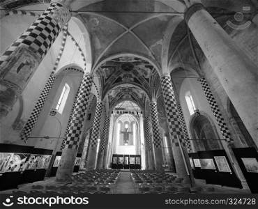 ALBA, ITALY - CIRCA FEBRUARY 2019: The San Domenico church in black and white. San Domenico church in Alba in black and white