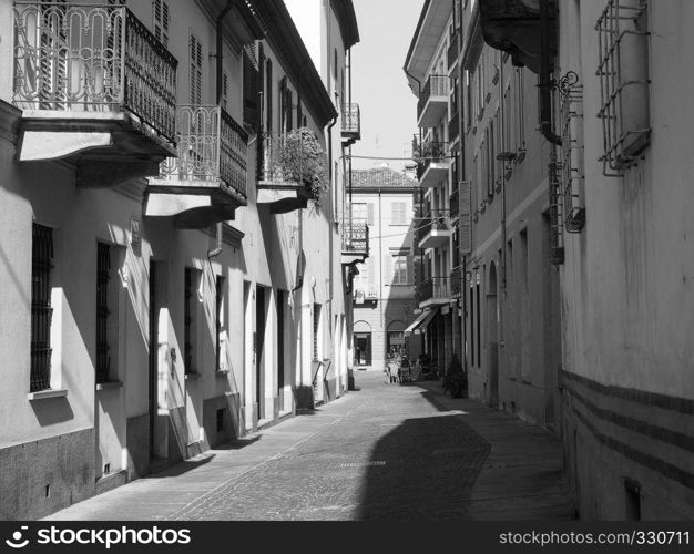 ALBA, ITALY - CIRCA FEBRUARY 2019: View of the city centre in black and white. View of the city of Alba in black and white