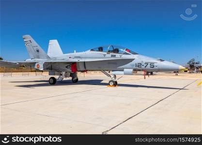 ALBACETE, SPAIN-JUN 23: Aircraft McDonnell Douglas F/A-18 Hornet taking part in a static exhibition on the open day of the airbase of Los Llanos on Jun 23, 2013, in Albacete, Spain. Aircraft McDonnell Douglas F/A-18 Hornet
