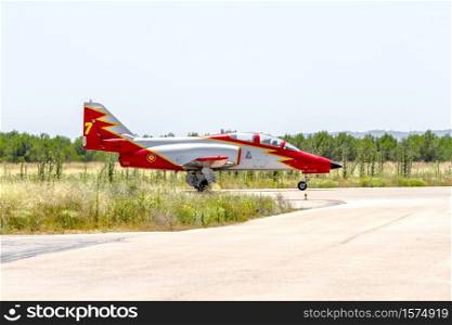 ALBACETE, SPAIN-JUN 23: Aircraft of the Patrulla Aguila taking part in an exhibition on the open days of the airbase of Los Llanos on Jun 23, 2013, in Albacete, Spain. Patrulla Aguila