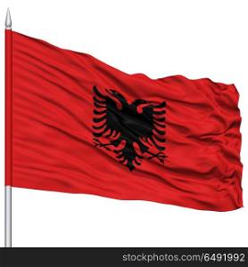 Albania Flag on Flagpole, Flying in the Wind, Isolated on White Background