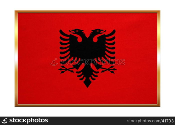 Albanian national official flag. Patriotic symbol, banner, element, background. Correct colors. Flag of Albania , golden frame, fabric texture, illustration. Accurate size, color