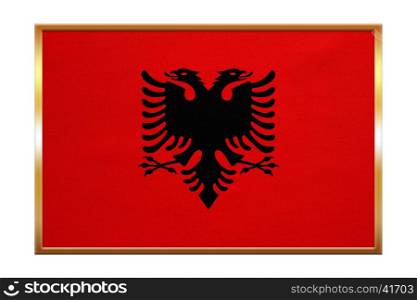 Albanian national official flag. Patriotic symbol, banner, element, background. Correct colors. Flag of Albania , golden frame, fabric texture, illustration. Accurate size, color