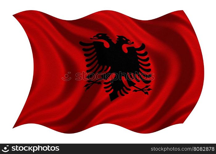 Albanian national official flag. Patriotic symbol, banner, element, background. Correct colors. Flag of Albania with real detailed fabric texture wavy isolated on white, 3D illustration