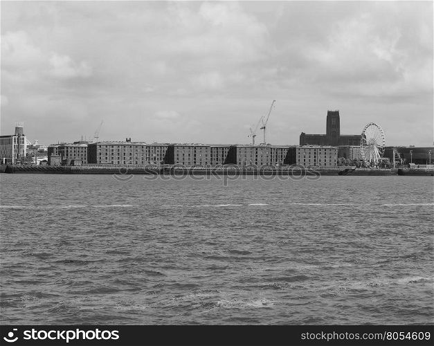 Albert Dock in Liverpool. The Albert Dock complex of dock buildings and warehouses in Liverpool, UK in black and white