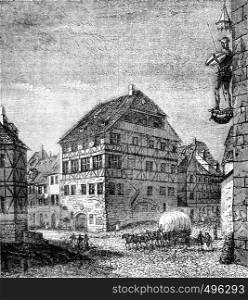 Albrecht Durer House, in Nuremberg, vintage engraved illustration. Magasin Pittoresque 1841.