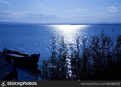 Albufera blue boats lake in El Saler Valencia Spain