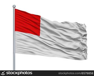 Alcala Henares City Flag On Flagpole, Country Spain, Isolated On White Background. Alcala Henares City Flag On Flagpole, Spain, Isolated On White Background