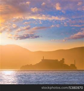 Alcatraz island penitentiary at sunset backlight in san Francisco California USA