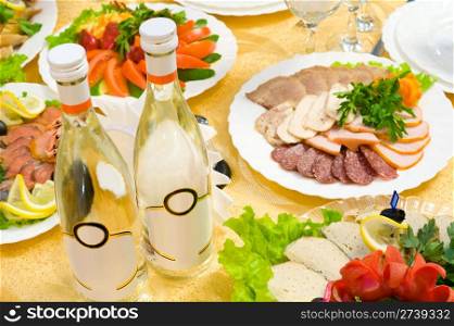 alcohol at a laid banquet festive restaurant table, shallow DOF