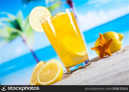 Alcohol drinks, beach background, natural colorful tone