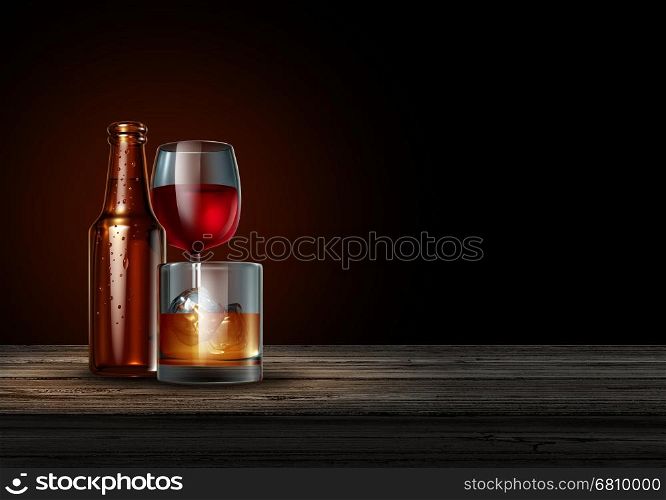 Alcohol on a bar on a black background as a bottle of beer wine and a glass of hard liquor as whisky or scotch as a drinking or alcoholism concept as a 3D illustration.