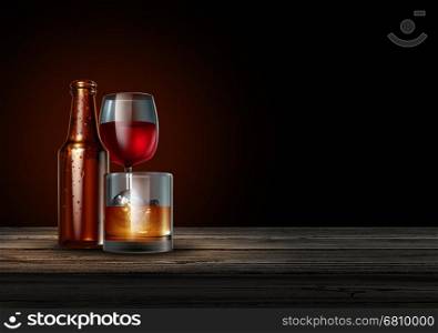 Alcohol on a bar on a black background as a bottle of beer wine and a glass of hard liquor as whisky or scotch as a drinking or alcoholism concept as a 3D illustration.