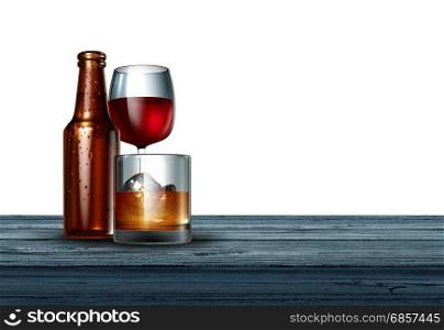 Alcohol on a white background as a bottle of beer wine and a glass of hard liquor as whiskey or scotch on a bar as a drinking or alcoholism concept as a 3D illustration.