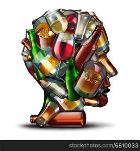 Alcohol psychology and alcoholism concept as a group of beer wine and hard liquor glasses shaped as a a human head as a symbol for an alcoholic disorder and addiction as a 3D illustration.