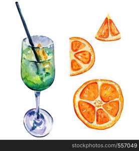 Alcoholic cocktail and orange slices. Long drink green in a glass with straw. Blue Curacao Liquor. Watercolor drawing.. Alcoholic cocktail and orange slices.