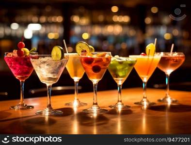 Alcoholic cocktails on bar counter in night club.AI Generative