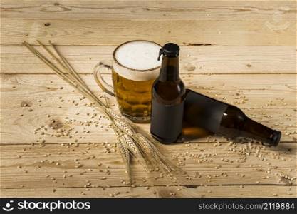 alcoholic drink ears wheat wooden surface